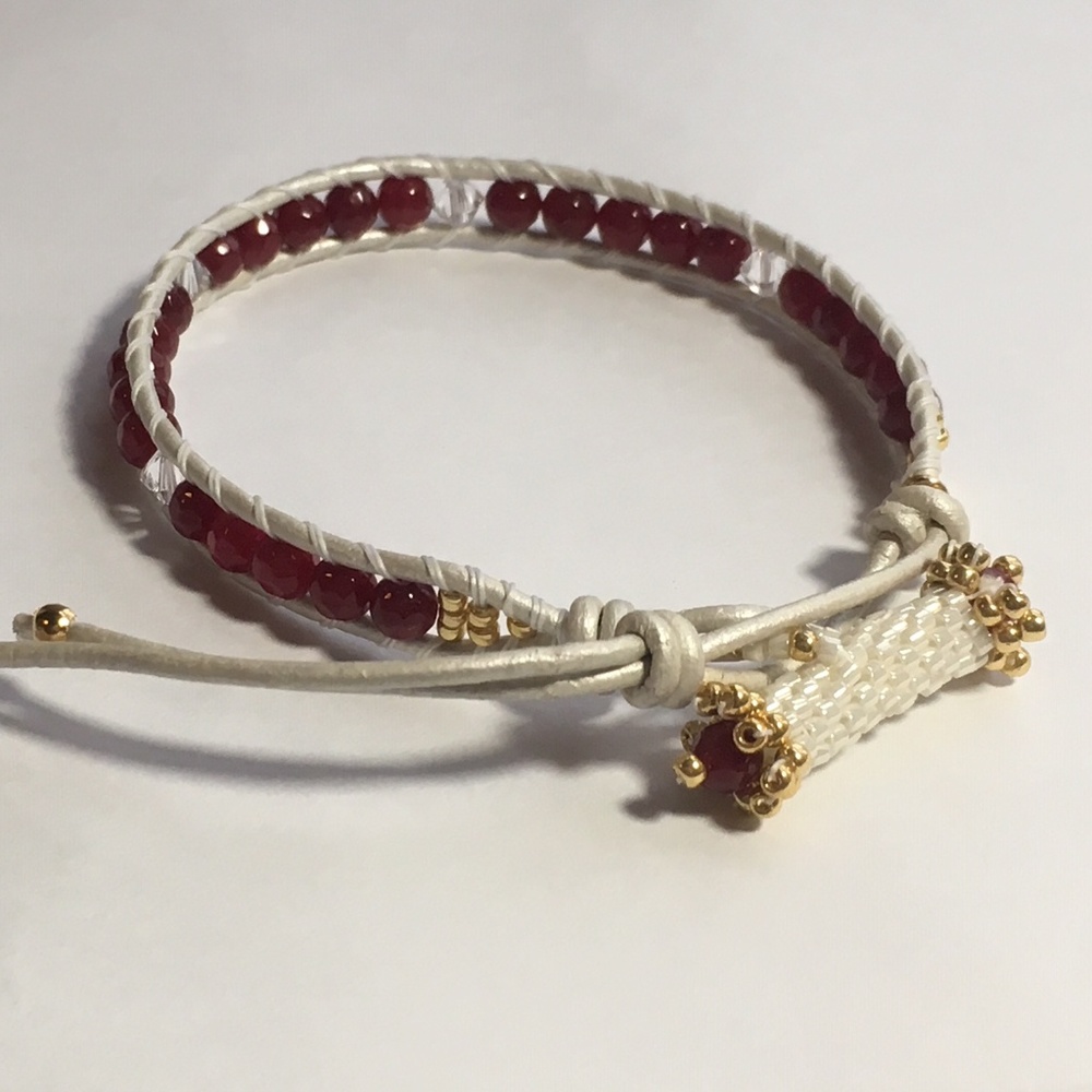 Brazilian Ruby Gemstone Bracelet in Leather, 7"